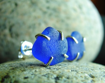 Sea glass studs / gift for her / blue sea glass jewelry / little sea glass earrings / tiny beach glass studs / sterling silver earrings