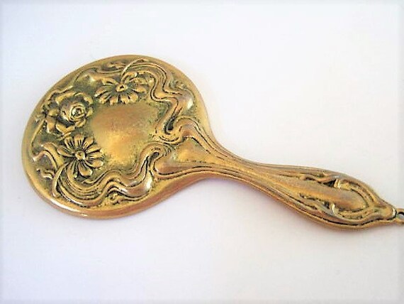 Purse Mirror, Art Nouveau, Gold Repousse Mirror, Vanity Hand Mirror