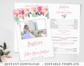 BAPTISM program Girl Floral Blush Pink Mint Printable Baptism Program Editable Template Baptism Program with picture photo Instant Download