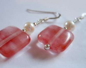 Cherry quartz, freshwater pearl and sterling silver earrings