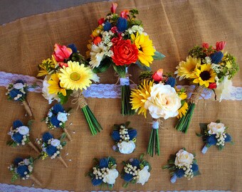 Spring/Summer Bouquet Set, thistle boutonnière, thistle corsage, wildflower bridal bouquet, wildflower bouquet, sunflower bouquet, beautiful
