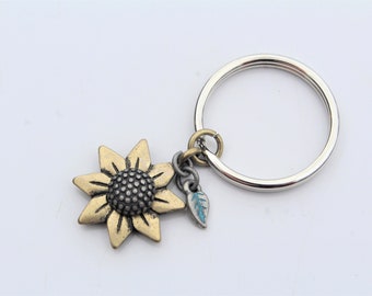 Sunflower Keychain With Blue Feather // The Earthy Soul // Hippie Keychain // Gifts for Her // Boho // Cute// Stocking Stuffer for Women