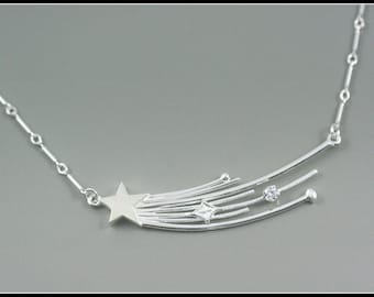 Star necklace, shooting silver star necklace, celestial necklace, silver and white zircon necklace, star jewelry, gift, women