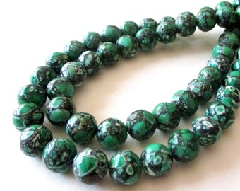 Green Mosaic Round Beads - Smooth Natural Gemstone - Green Howlite Turquoise - Diy Women Bracelets - 10mm - 16" strand - DIY Jewelry Making