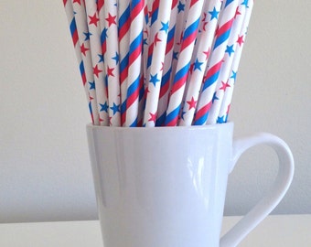 CLEARANCE 4th of July Party Straws Red, White, Blue Stars and Stripes Paper Straws July 4th Party Supplies Patriotic Fourth of July Bar Cart