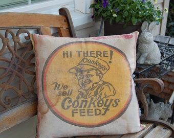 Vintage Feed sack Pillow Cover - Black and Tan Buffalo Check 18"x18"