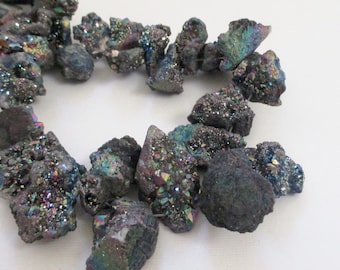 Crystal Druzy Nugget Beads - Sparkly Rainbow Drusy Agate - Chunky Stone Beads - Top Drilled Graduated Chips - 16" Strand - DIY Boho Necklace