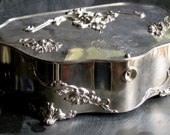 Large Antique Derby substantial monogrammed silver plate box with hinge lid