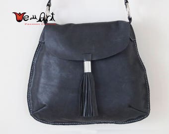 Black Italian Leather Shoulder Bag with Oversized Tassel