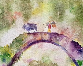 watercolor bridge somewhere in Asia