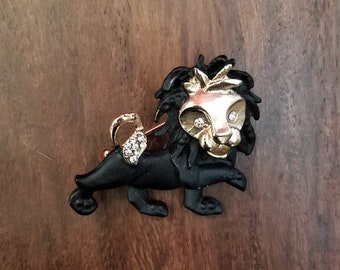1960's Leo Lion Pin | Black Matte Rhinestone Brooch