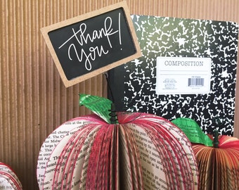 BOOK PAGE APPLE • end of school • recycled • teacher gift • back to school • red apple • book page art • teacher appreciation gift •