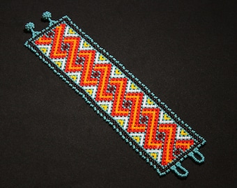 Geometric Huichol Bracelet, Tribal Geometric Bracelet, Beaded Cuff Bracelet, Native Beaded Bracelet, Seed Bead Bracelet, Authentic
