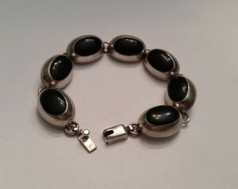 Mexican Silver Bracelet Mexico Black Stone Inlay Sterling 32 gr