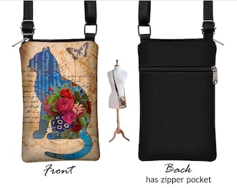 Fabric Cell Phone Purse, iPhone 8 / Plus Case, iPhone 7 / Plus Case, Small Cross Body Bag, Shabby Cat, Butterfly, Blue Floral Victorian RTS