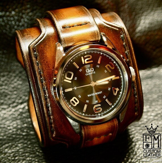 Leather cuff watch Brown Tobacco sunburst wide layered Brown watch band cuff Bracelet Handmade for YOU in New York by Freddie Matara