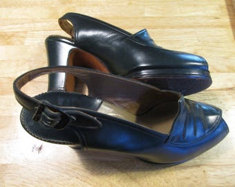 FINAL SALE! 1940s 50s Slingback Peep Toe Shoes Custom Made by The Rollins Co Martinique 6 aa Forest Green 9" Measured Interior Length