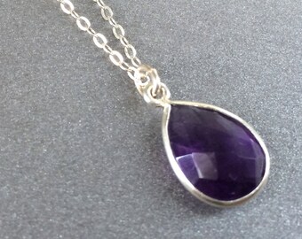 Amethyst Necklace, February Birthstone Necklace Amethyst Faceted Teardrop Sterling Chain, Bridesmaids Jewlery