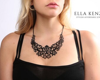 Black Statement Necklace, Black Bib Necklace, Black Collar Necklace, Black Necklace, Bridal Statement Necklace, Wedding Statement Necklace
