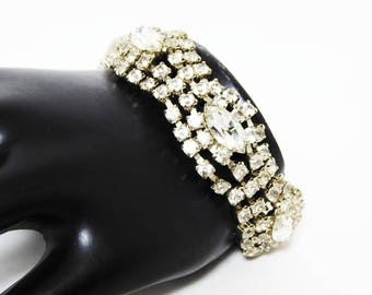 Clear Rhinestone Bracelet with Scalloped Edges, Chaton & Marquis Rhinestones, Something Old, Vintage 1950s 1960s, Brides Wedding Jewelry