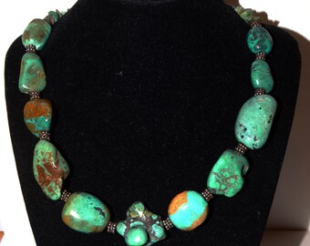 Vintage Sterling Massive Heavy Royston Turquoise Nugget Necklace. 19 inch long.