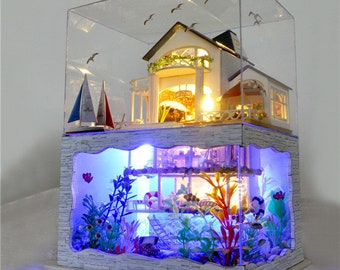 FREE shipping!!!T-Yu Hawaii Villa DIY Dollhouse Miniature Model House With Light Cover Gift Decor Collection Toy Gift For Children