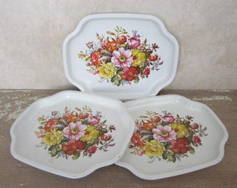 3 Small Metal Elite Trays Vintage Metal Serving/Snack Trays Floral Design Elite Made In England