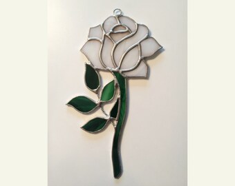 Handmade Stained Glass WHITE Rose Suncatcher