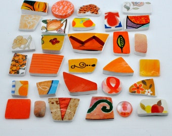 Broken China Mosaic Tiles - Orange - Assortment - Cabochon Collection - Set of 30