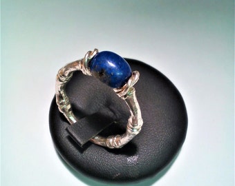 lapis lazuli ring cabochon bamboo form made of 925 silver