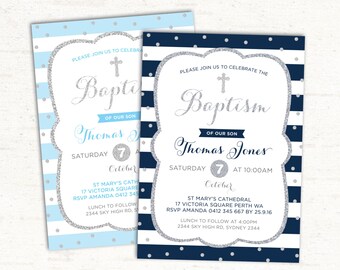 Navy and Gold Baptism Invitation. Glitter Boy Christening