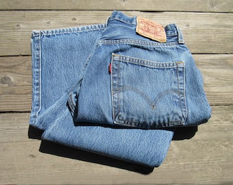 90s Levis 501/ 31 / MEDIUM / Button Fly / Natural Fade Distress / Classic Straight Leg Jeans Tag Size 32 x 30
