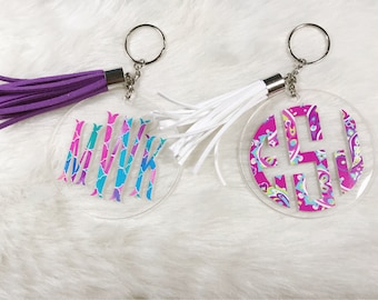 Acrylic Monogrammed Keychain with Tassel, monogrammed keychain, monogram keychain, round keychain, 3 inch keychain, initial keychain