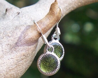 Recycled Reclaimed Early 1900s Olive Green Wine Bottle Glass Color Dot Earrings