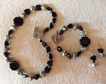 Black, Green and White Set - Necklace, Bracelet and Earrings