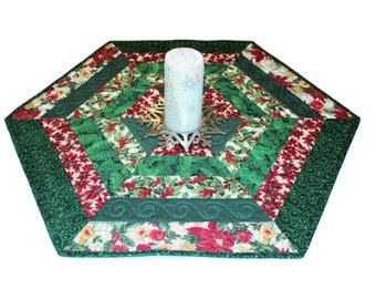 Poinsettias Quilted Table Runner, Green Hexagon Table Topper Quilt, Christmas Holiday Candle Mat, Quiltsy Handmade Patchwork Centerpiece