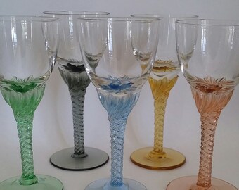 Vintage shot glasses, Twisted Stem Glasses, Sherry liquer Glasses, set of 5Vintage Barware, Set of 5 Vintage Shot Glasses
