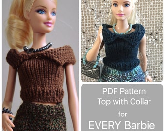 Curvy Barbie Pattern for Sweater Top with Collar, Easy Knitting instructions for ALL of Barbies New and Existing Body sizes
