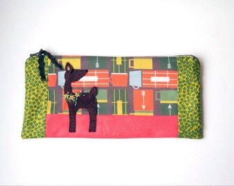 Zipper Pouch, 5x10" red, green, mustard, brown, blue and cream thermos Fabric with Handmade Felt Deer Embellishment, Deer Pencil Case