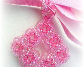 Pink Fuchsia Crystal Beaded Beadwoven Beadwork Pendant Unique Jewelry Breast Cancer Awareness