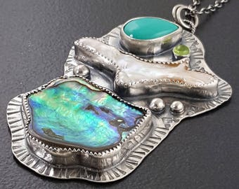 Turquoise Abalone Pearl Necklace, sterling silver, michele grady, pearl necklace, shell necklace, turquoise necklace, statement necklace