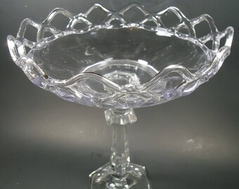 Large clear glass tall pedestal bowl, open lace