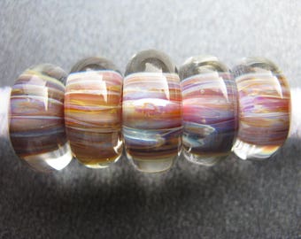 BORO Lampwork Beads Set, Lampwork Set of Five, Set of 5, Green, Yellow, Coral, Blue, Violet, Golden Yellow, Amber, Ruby, Handmade - HGD1412