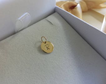 Solid 14kt gold Initial Pendant or Charm 14kt white gold 14kt rose gold 14kt yellow gold handstamped personalized circle disc birthday gift