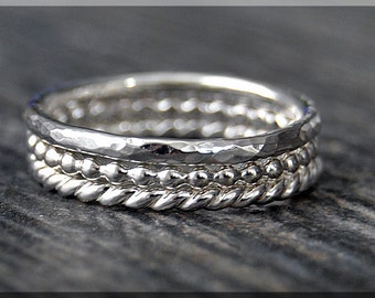 Set of 3 Sterling Silver Stacking Rings, Simple Stacking Rings, Stackable Sterling Silver Rings, Full Bead Ring, Hammered Ring, Twisted Ring