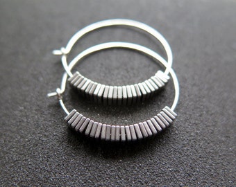 sterling silver hoop earrings. hematite jewelry. geometric hoops.