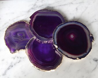 Purple Coasters Set of 2 or 4 or 6 Gold Plated / Agate Slice / Geode Coasters / Gold Rimmed Coasters / GIFT Packaging Available