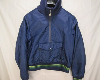 vintage, Sportcaster blue nylon anorak kangaroo front pocket hi knit collar insulated pullover coat knit banded bottom womens size M mens S