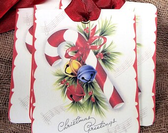 Retro Christmas Greetings Candy Cane Gift or Scrapbook Tags or Magnet #337