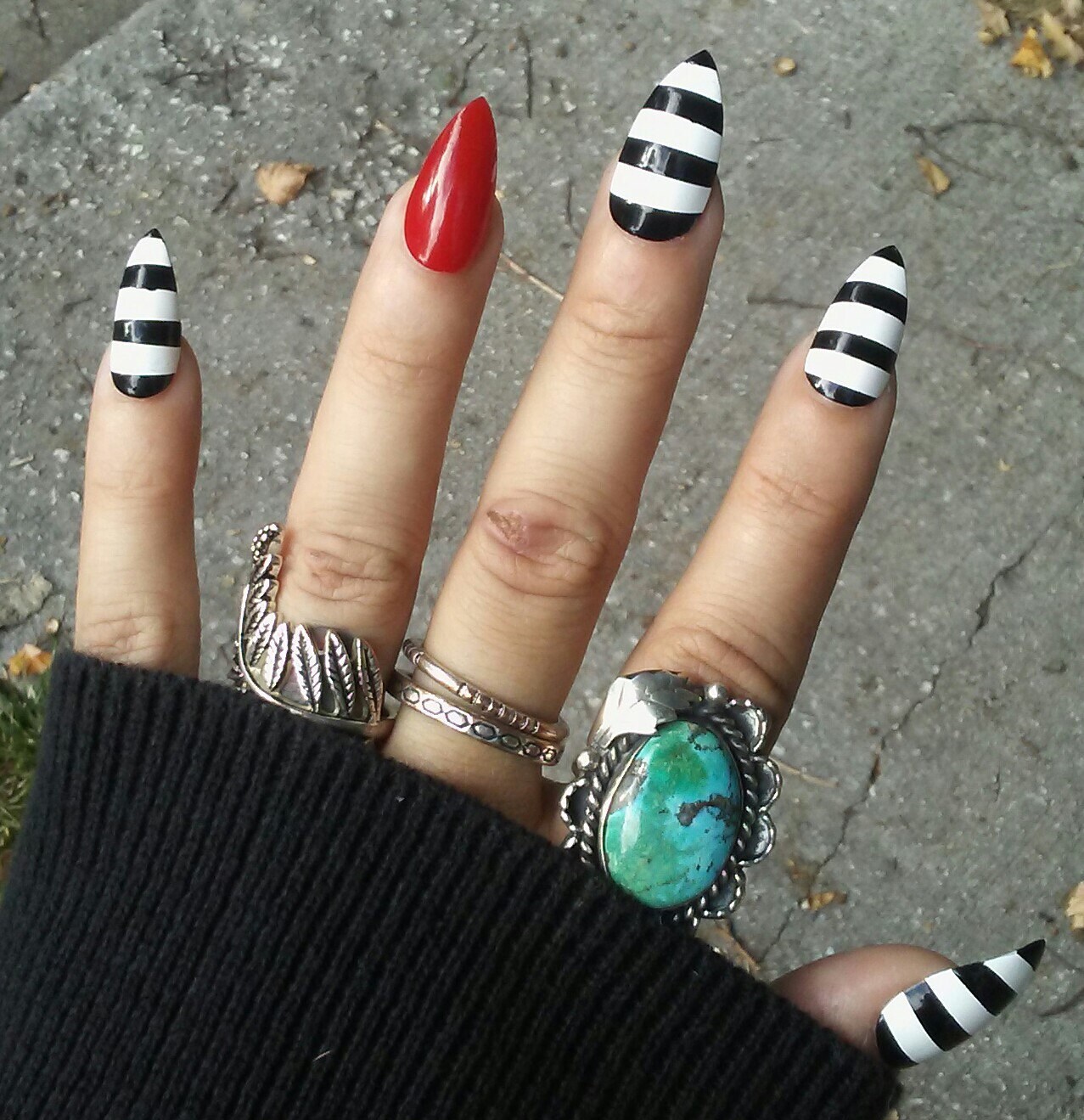 Gothic Goth Stiletto Nails Beetlejuice Black White & Red